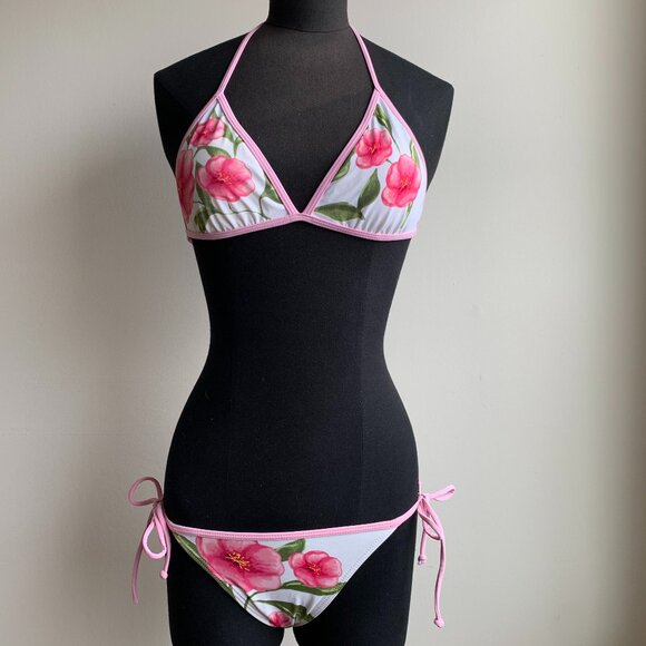 Billabong BLUE CRUSH era Vintage White & pink floral triangle set RARE - Picture 2 of 6